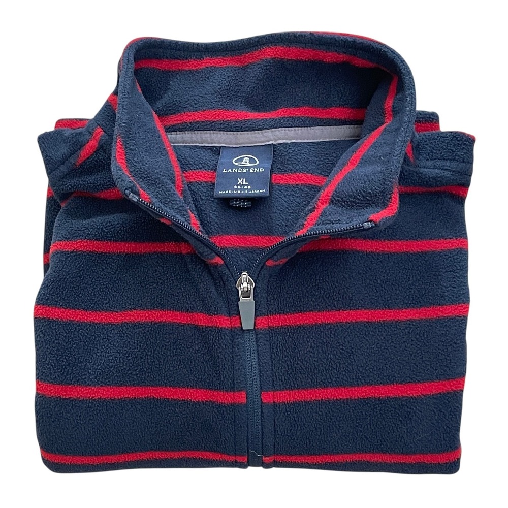 Lands End Men's  XL 1/4 Zip L/S Fleece Pullover Blue Red Striped  Clean!